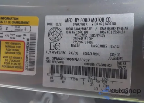 2021 Ford Bronco Sport Big Bend из США, поврежденный, VIN 3FMCR9B60MRA30237